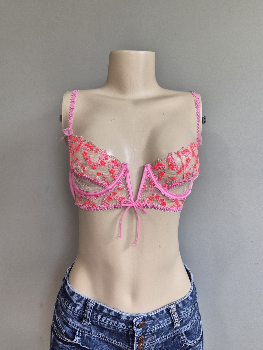 For Love And Lemons Love Bouquet Embroidery Bra Pink Floral Size Small